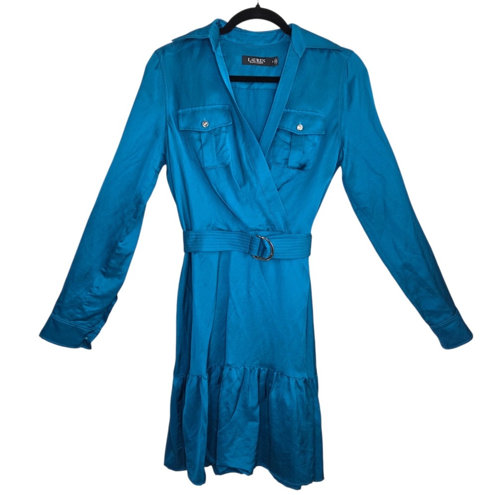 Ralph Lauren Black Label Satin Turquoise Shirt Mini Dress‎ SZ 2 Night Out *READ*